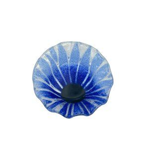 Signed Fused Art Glass Miniature Trinket Dish Plate Blue Flower Ruffled Edges